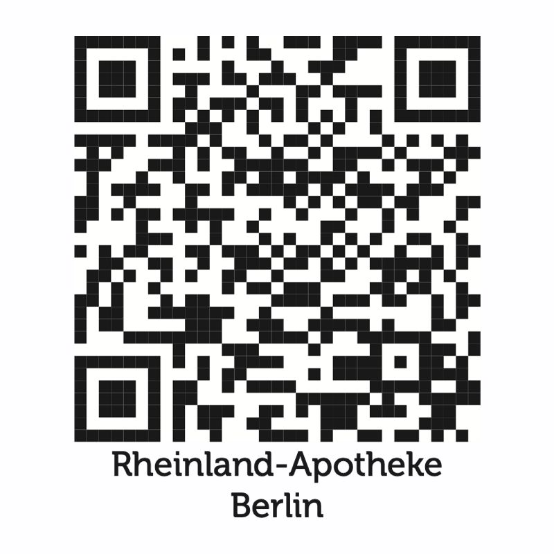 gesund.de QR-Code der Rheinland Apotheke Berlin Quadratischer QR-Code mit dem Logo der Rheinland Apotheke in der Mitte.